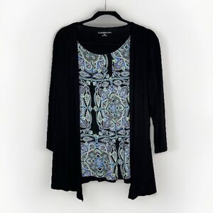 Croft & Barrow Women’s Cardigan With Attached Blouse XL Black Blue White Relaxed